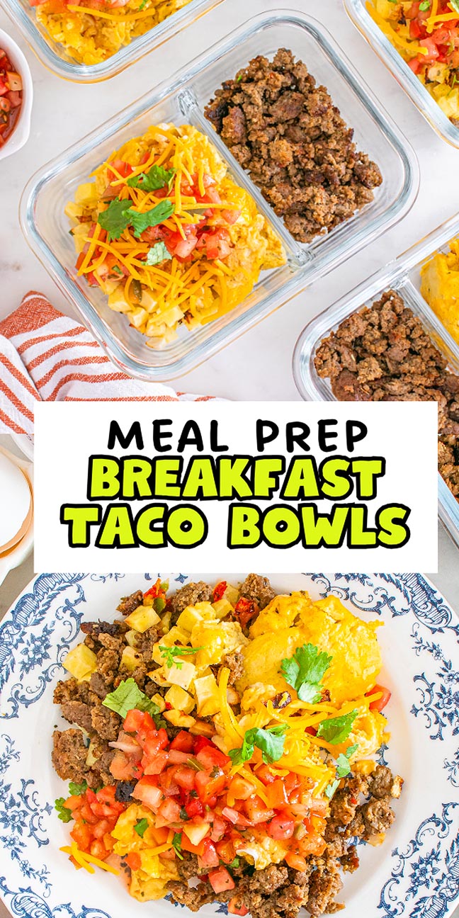 Meal prep breakfast taco bowls feature ground beef, scrambled eggs, cheese, and pico de gallo perfectly portioned in containers for a convenient morning meal.