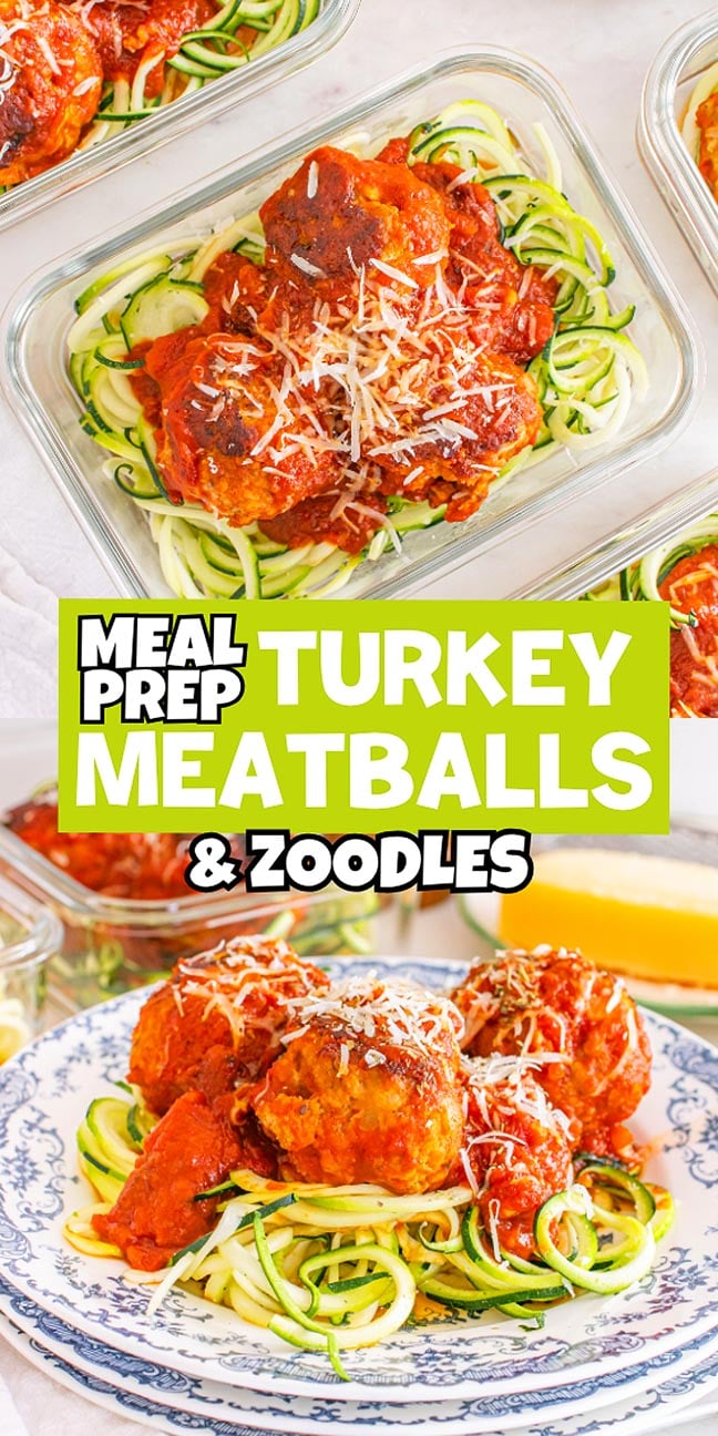 Meal Prep Turkey Meatballs & Zoodles served in containers and on a plate, topped with rich tomato sauce and shredded cheese for a convenient, delicious meal.