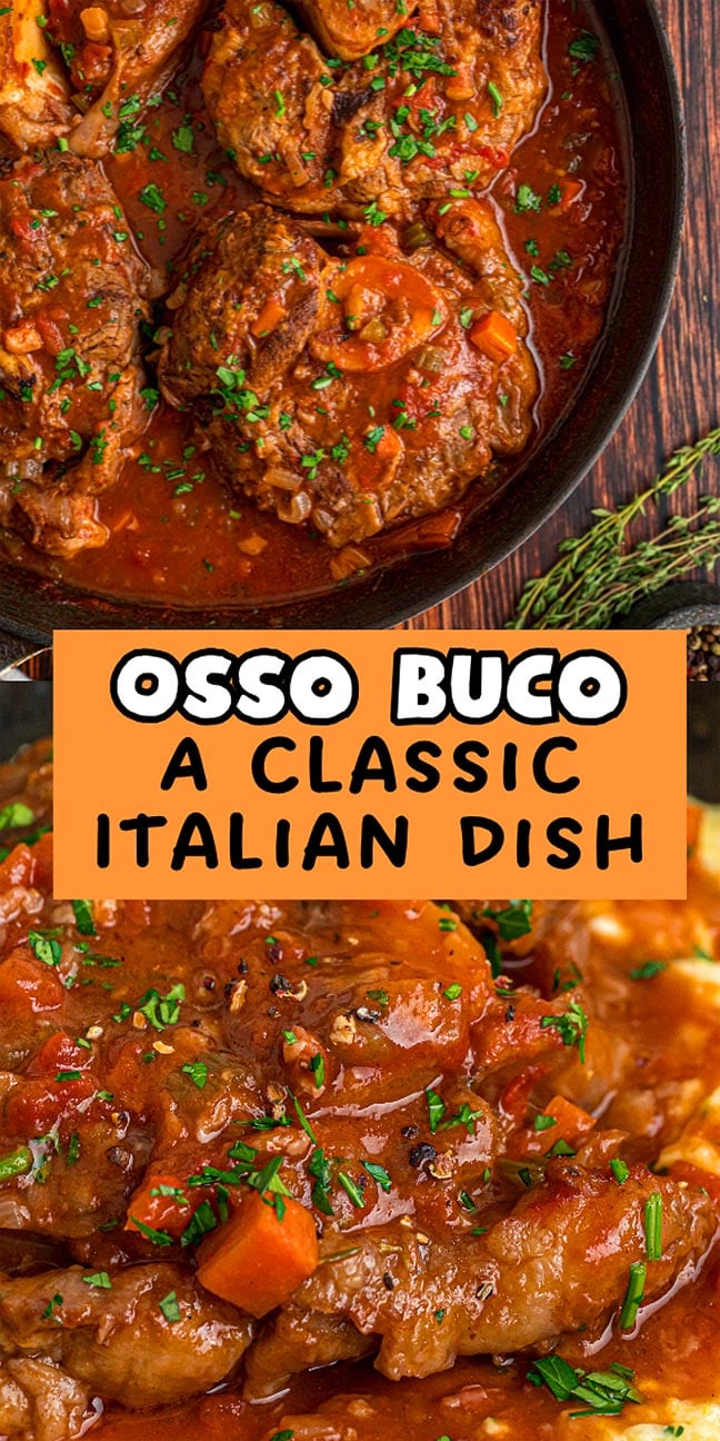 Close-up of osso buco, a classic Italian dish, topped with rich tomato sauce and fresh herbs. Text overlay reads "Osso Buco.