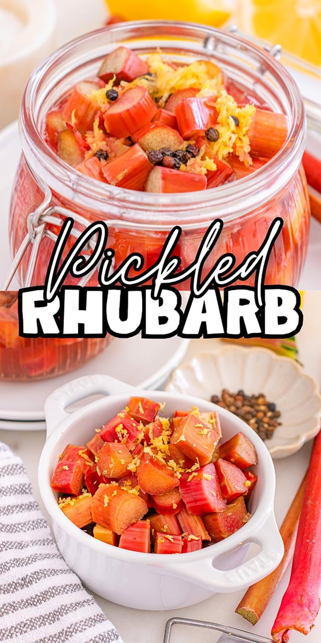 Jar and bowl filled with tangy pickled rhubarb pieces, garnished with spices and citrus zest, and labeled "Pickled Rhubarb.
