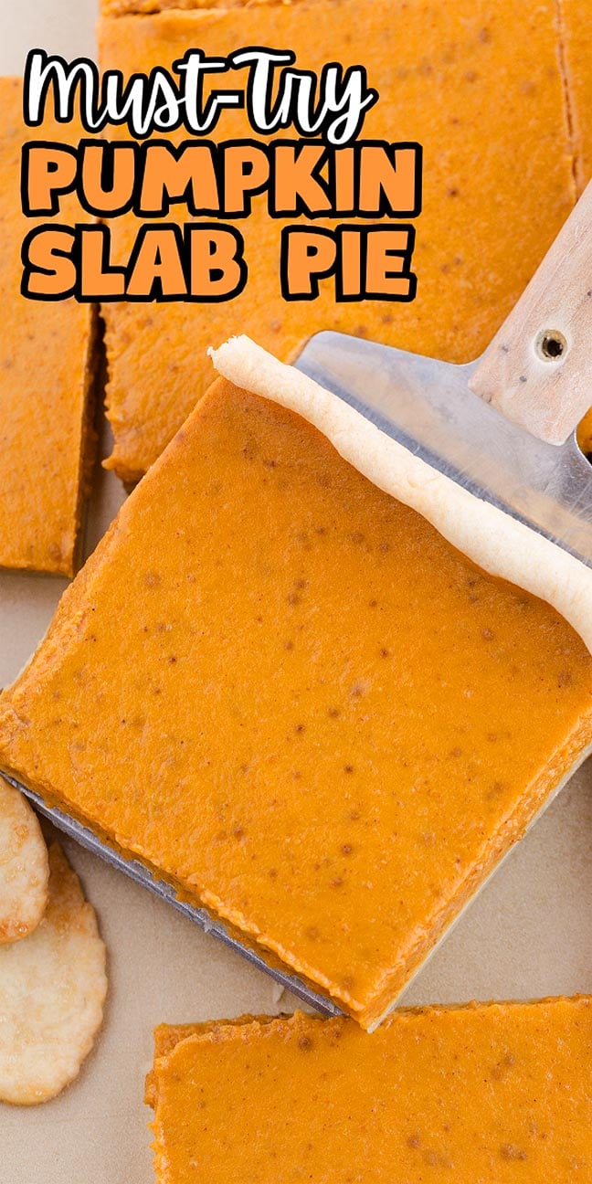 A spatula lifts a square slice of pumpkin slab pie from a baking sheet, revealing its golden, spiced filling.