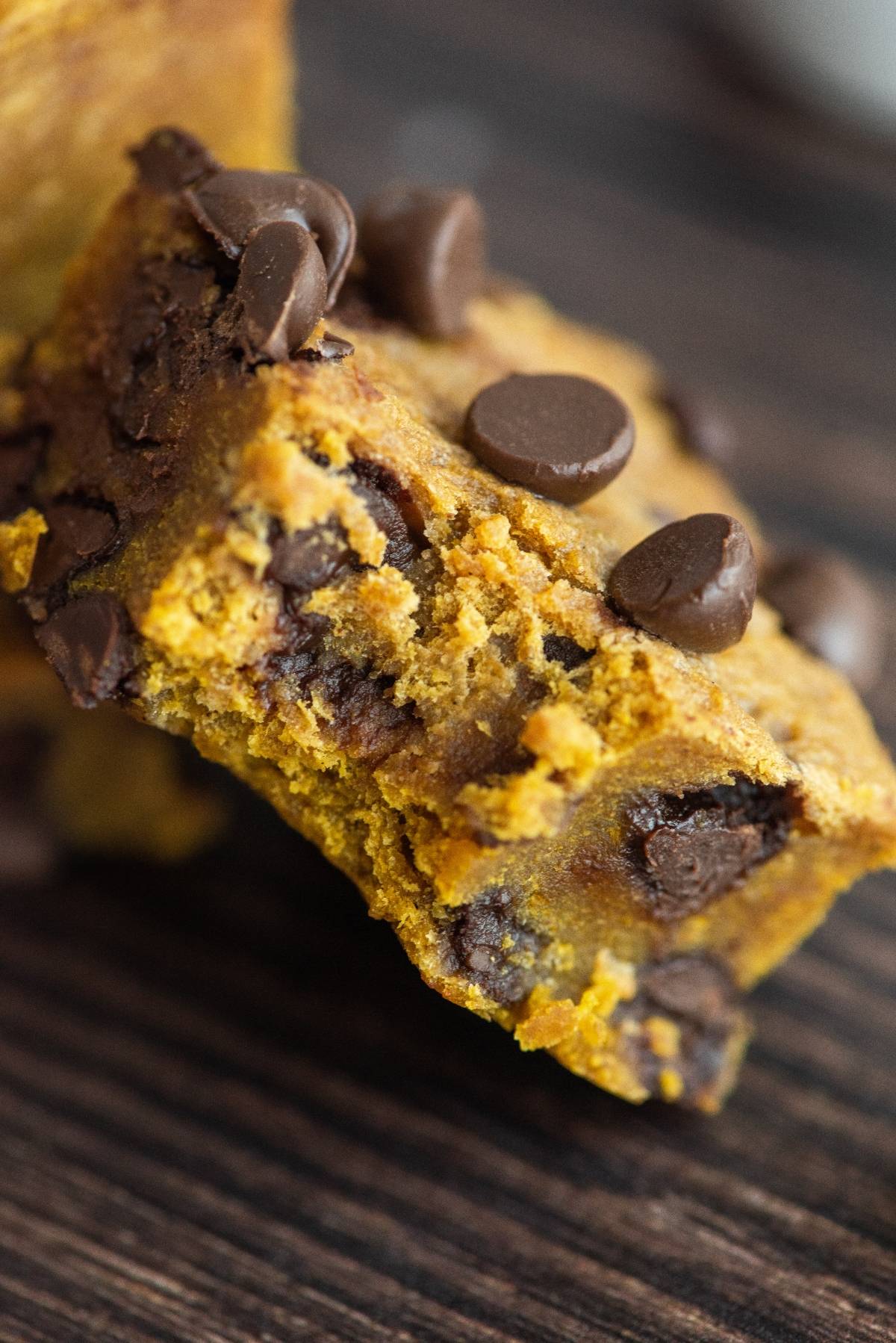 Close-up of a pumpkin chocolate chip bar with melty chocolate chips on a wooden surface, proving that pumpkin and chocolate go together perfectly.