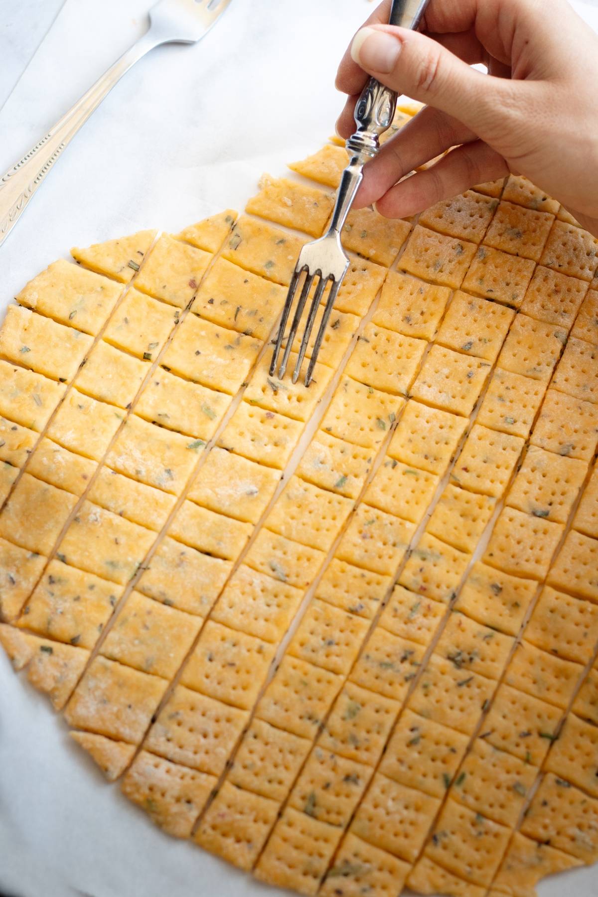 Hand using a fork to prick rows of square, unbaked rosemary cheddar cheese crackers on parchment paper.