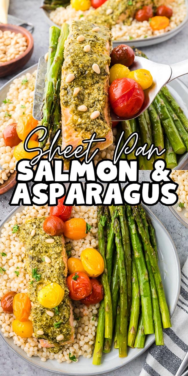Savor Sheet Pan Salmon and Asparagus with pesto, cherry tomatoes, and fluffy couscous, all served together on a plate for a fresh and flavorful meal.