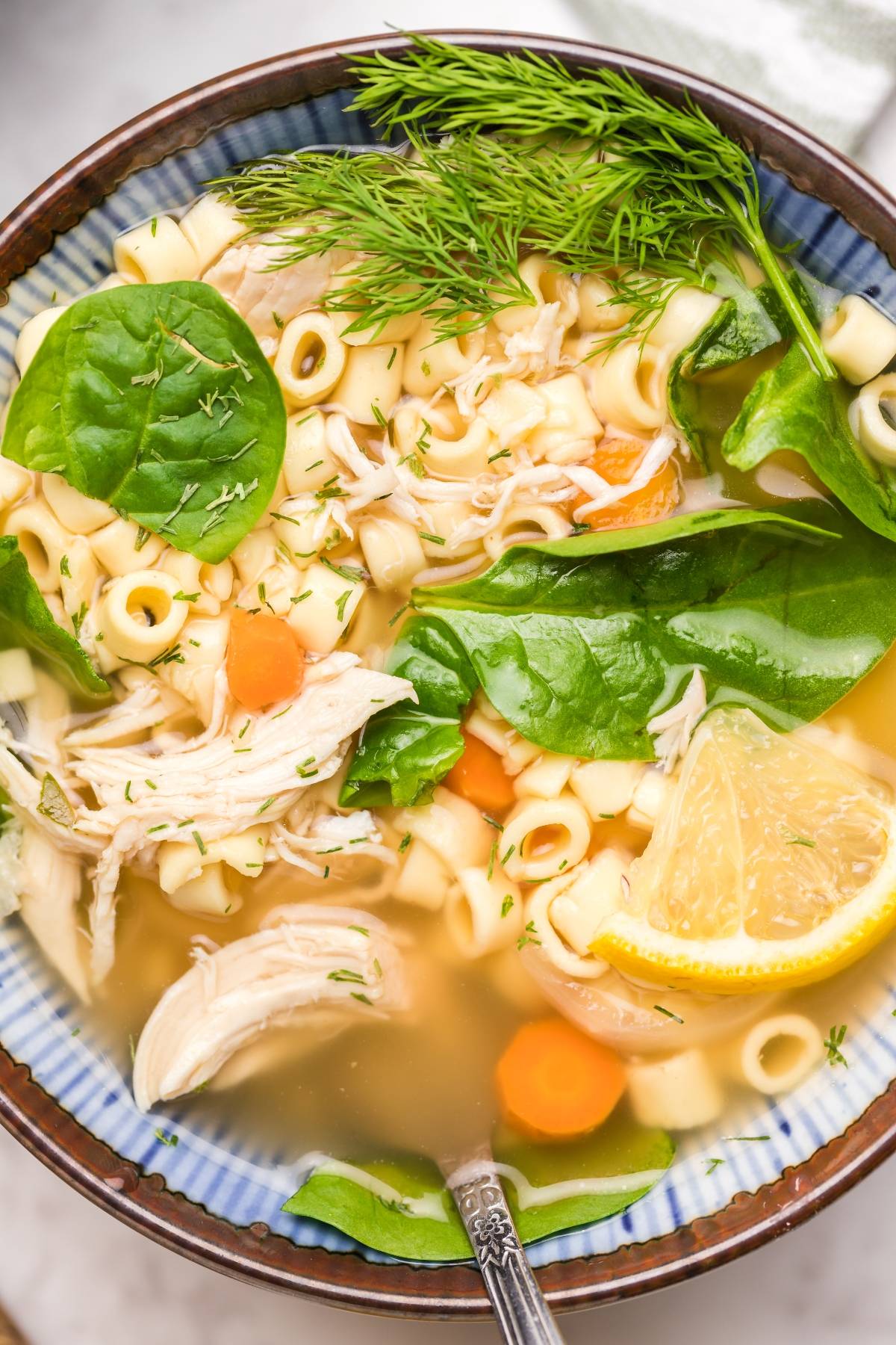 Bowl of authentic Greek soup—chicken noodle with spinach, carrots, lemon slices, and fresh dill. A spoon rests inside this comforting recipe for chicken avgolemono soup.