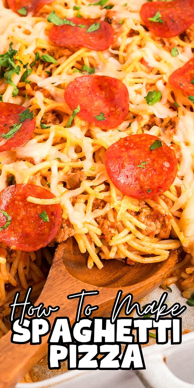 Close-up of spaghetti pizza topped with melted cheese, pepperoni slices, and parsley, with text overlay.