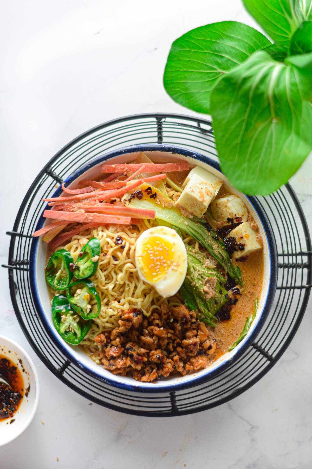 Bowl of Spicy Chicken Miso Ramen with egg, ground meat, tofu, greens, jalapeño, and broth, served next to a green plant.