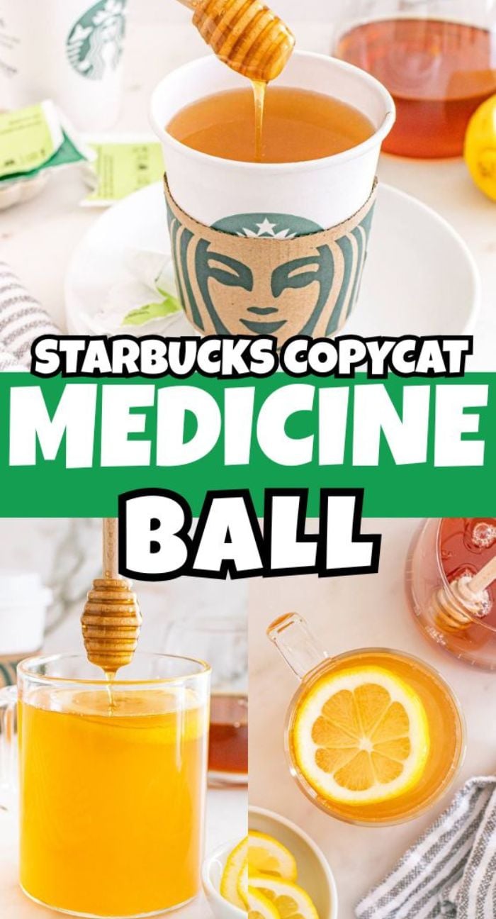 Starbucks Copycat Medicine Ball tea in cups, with honey dipper, lemon slices, and tea bags visible on the table.