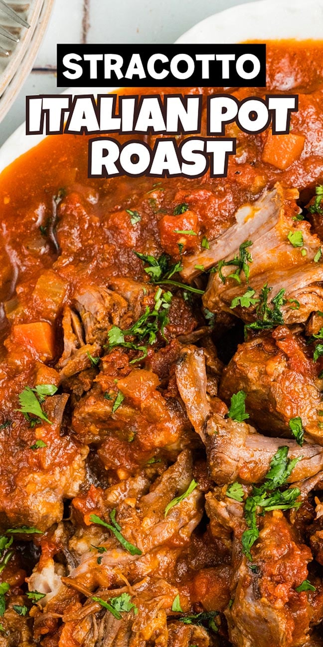Close-up of succulent stracotto, an Italian pot roast simmered in rich tomato sauce and topped with chopped parsley, with text overlay above.