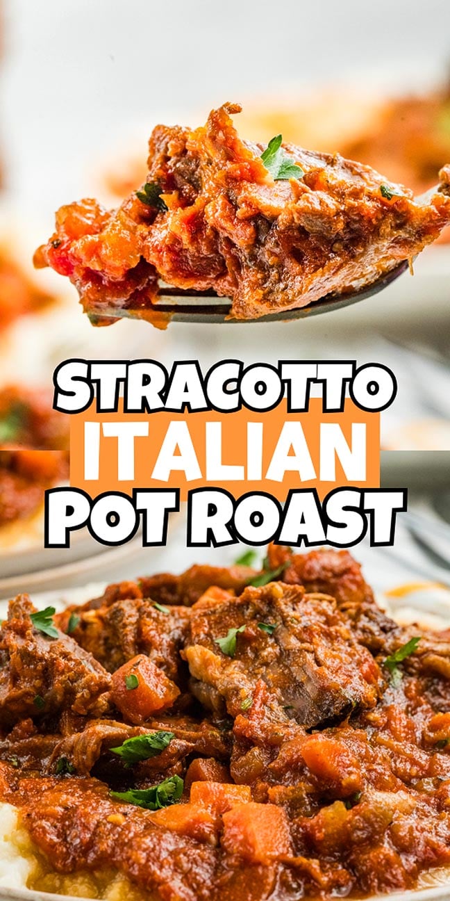 Close-up of stracotto, an Italian pot roast simmered with tomato sauce and vegetables, text overlay reads "Stracotto Italian Pot Roast.
