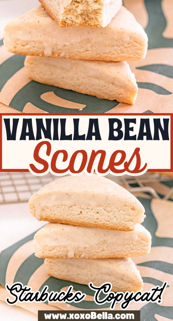 Three Starbucks Copycat Vanilla Bean Scones stacked on a patterned surface, each topped with a light glaze.