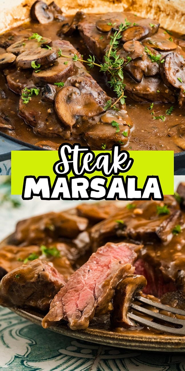 Juicy steak marsala topped with mushroom sauce, garnished with herbs, and a fork holding a sliced piece.