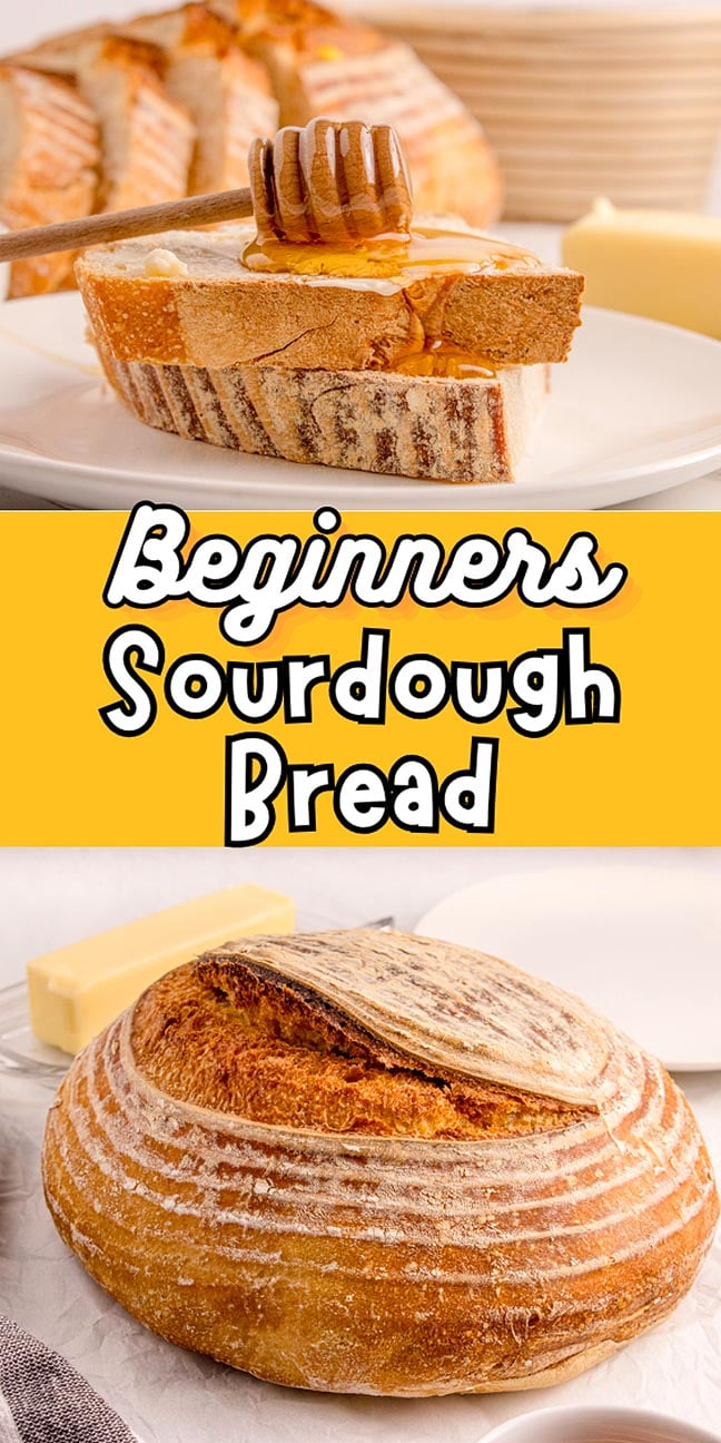 A slice and a loaf of beginner's sourdough bread, labeled "Beginners Sourdough Bread.