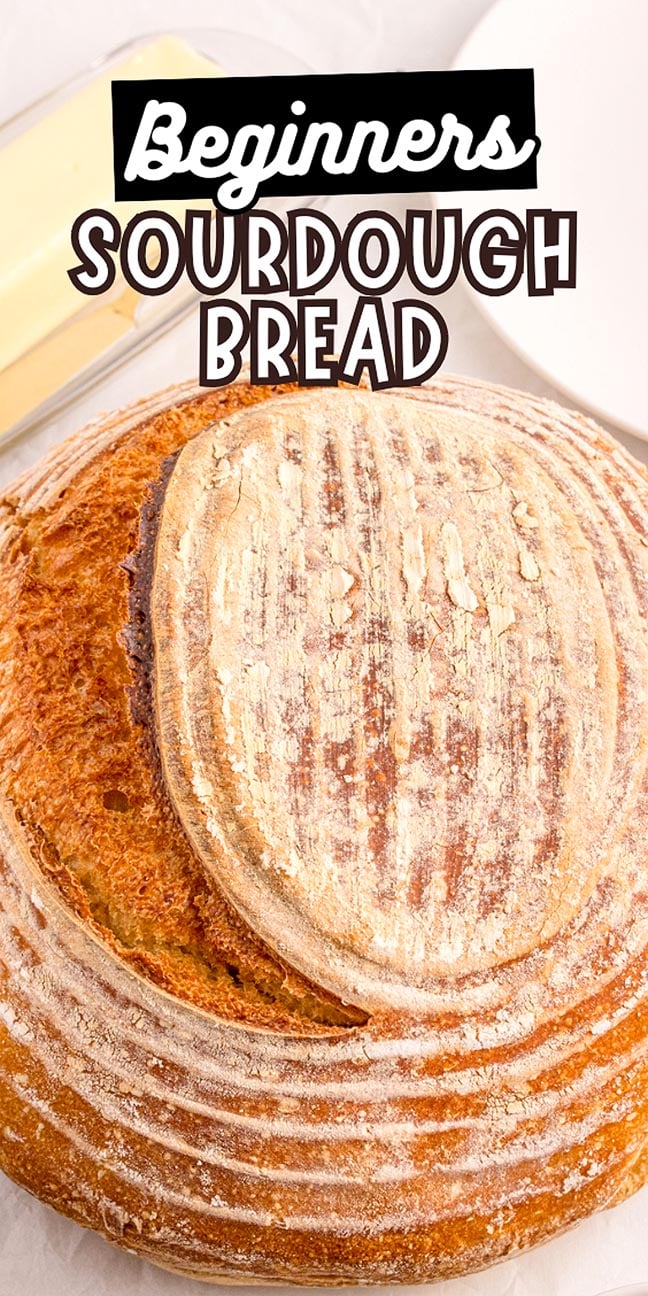 Round loaf of beginner's sourdough bread with a dusting of flour, labeled "Beginners Sourdough Bread.