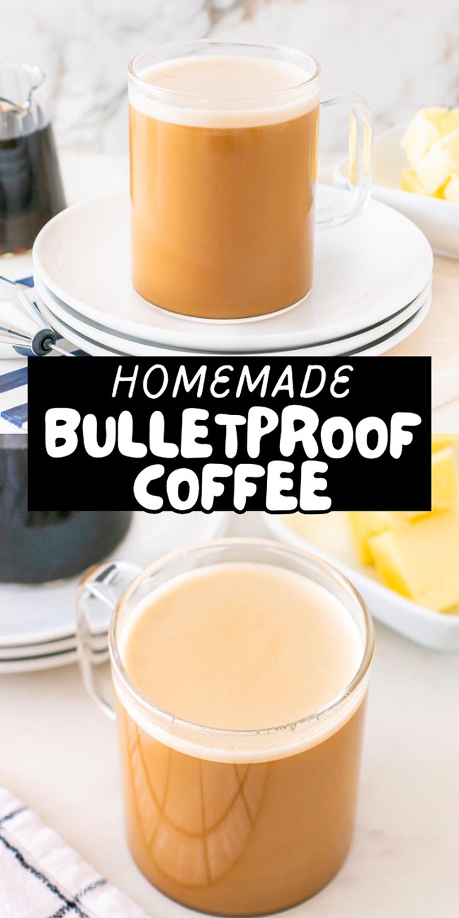 Two glass mugs of bulletproof coffee sit on plates, with butter and utensils in the background.