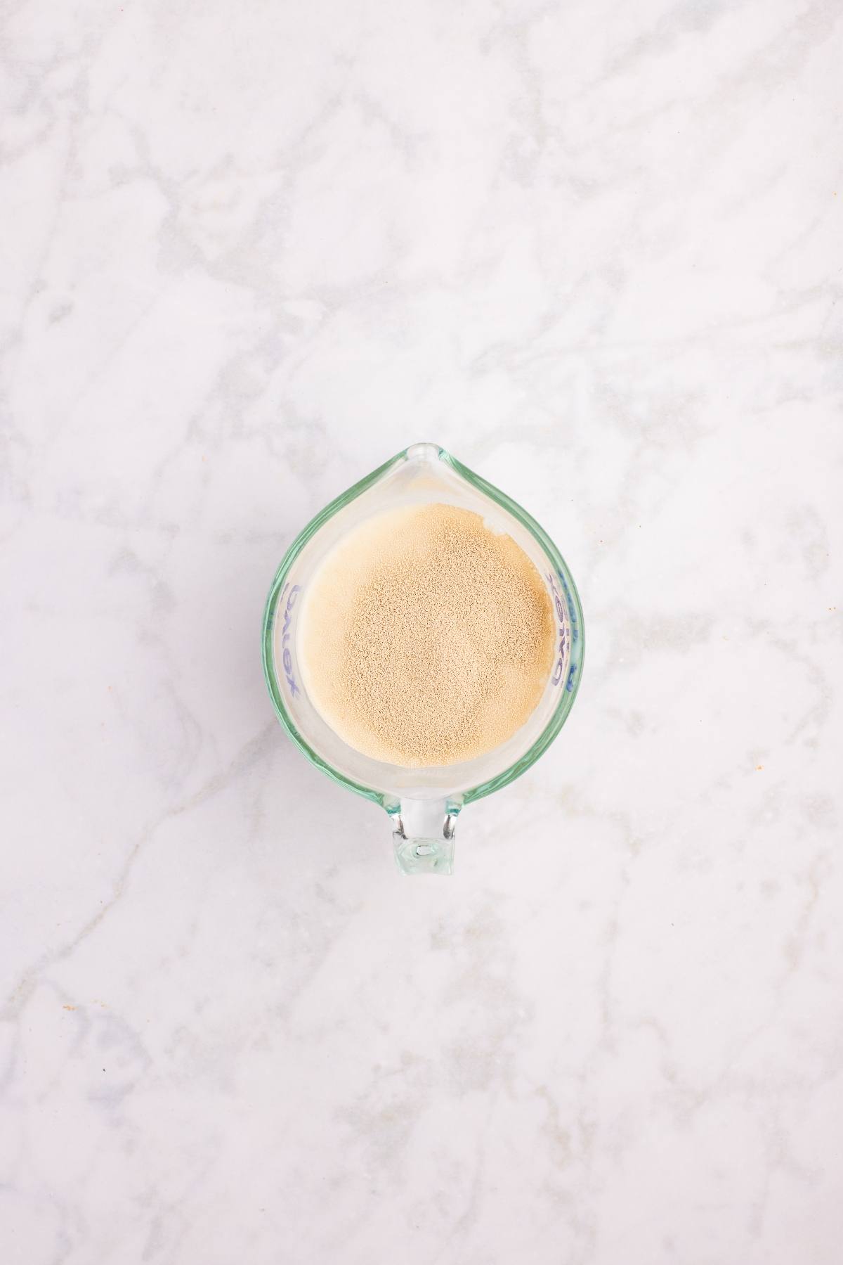 Top view of a glass measuring cup filled with dry active yeast on a white marble surface.