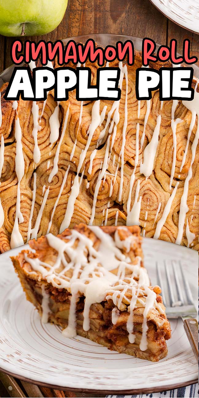 A slice of cinnamon roll apple pie with icing sits beside the whole cinnamon roll apple pie, each topped with sweet drizzled icing.