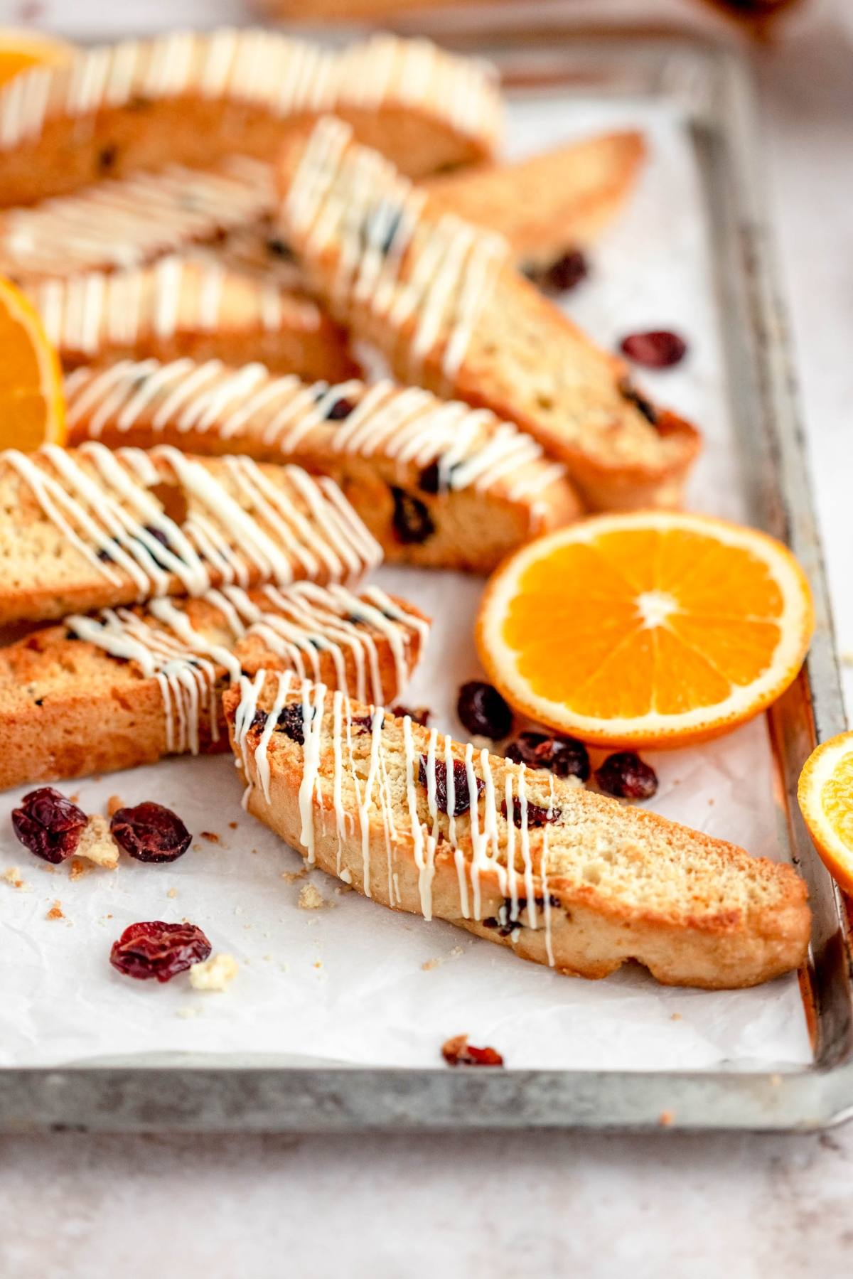 Cranberry orange biscotti drizzled with white icing, garnished with orange slices and dried cranberries on a tray.
