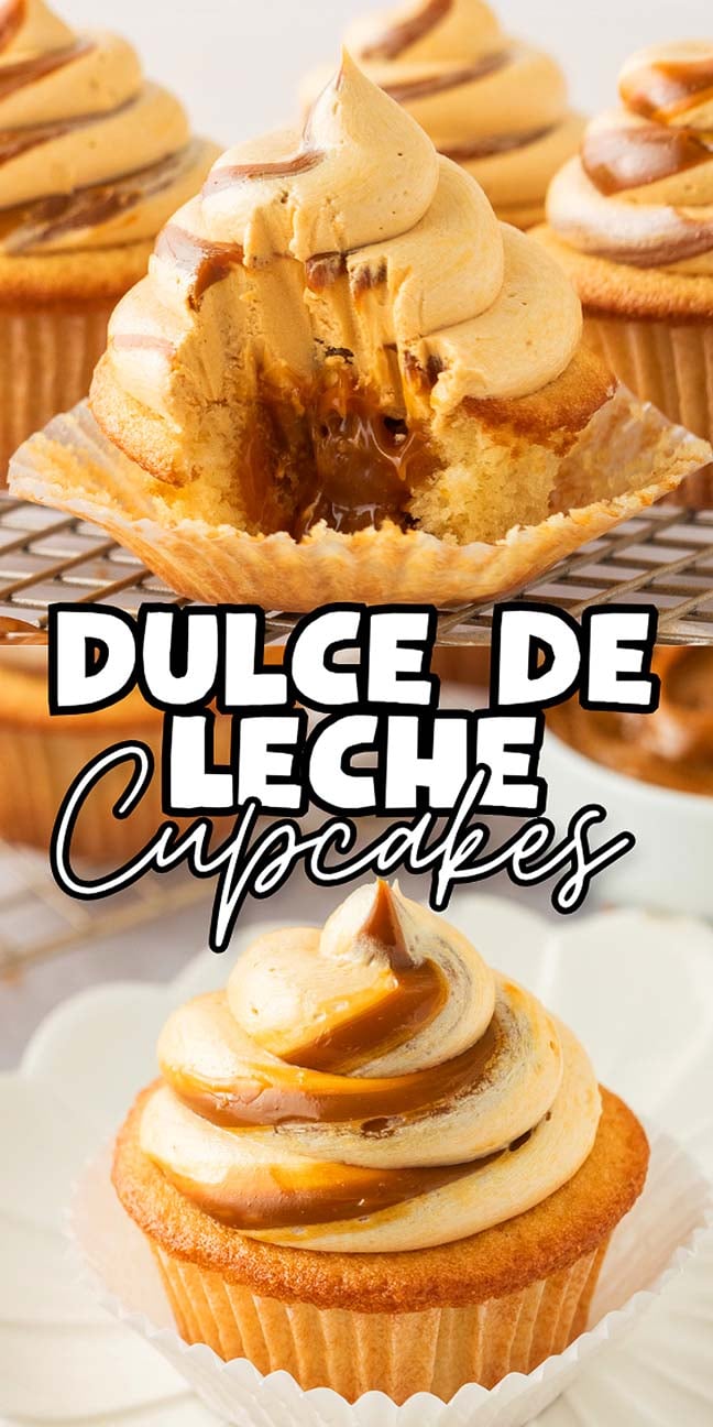 Dulce de leche cupcakes with swirled frosting and creamy filling, one with a bite taken out, rest on a cooling rack.