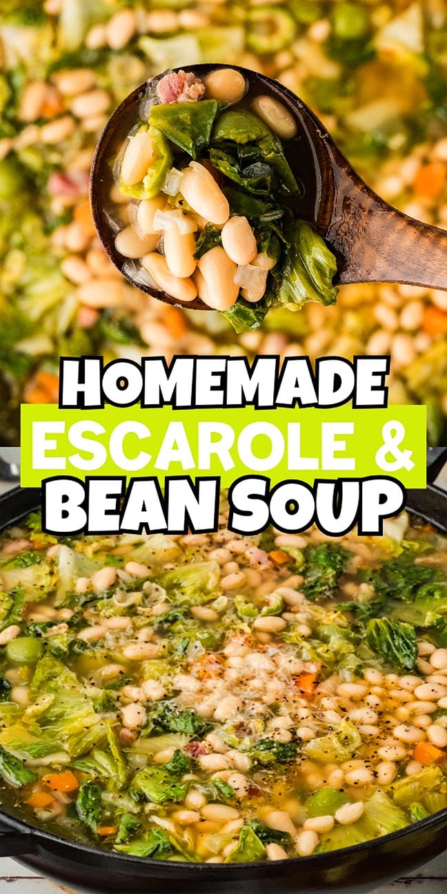 A wooden spoon lifts escarole and white beans from a bowl of comforting Escarole and Bean Soup, showcasing the hearty flavors of this homemade classic.