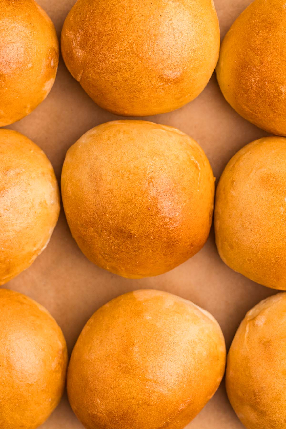 Golden brown classic French bread rolls, arranged in a neat grid on a sheet of brown parchment paper.