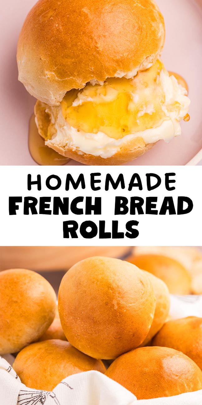 French bread rolls with butter and honey, plus a basket of shiny, golden homemade French bread rolls.