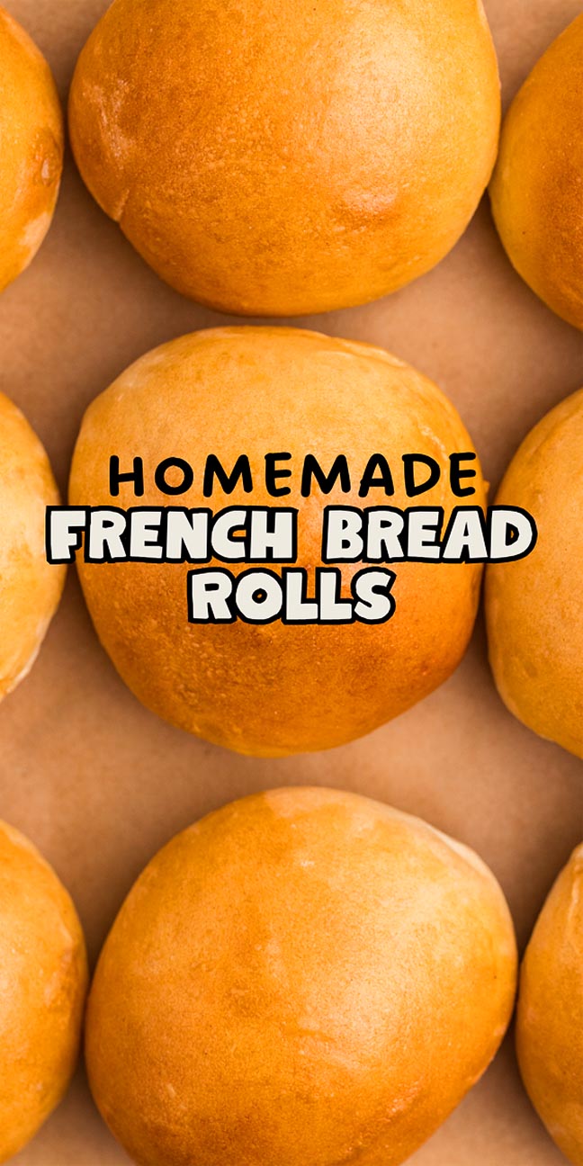 Golden French bread rolls arranged on brown parchment paper, with bold text over the center roll.