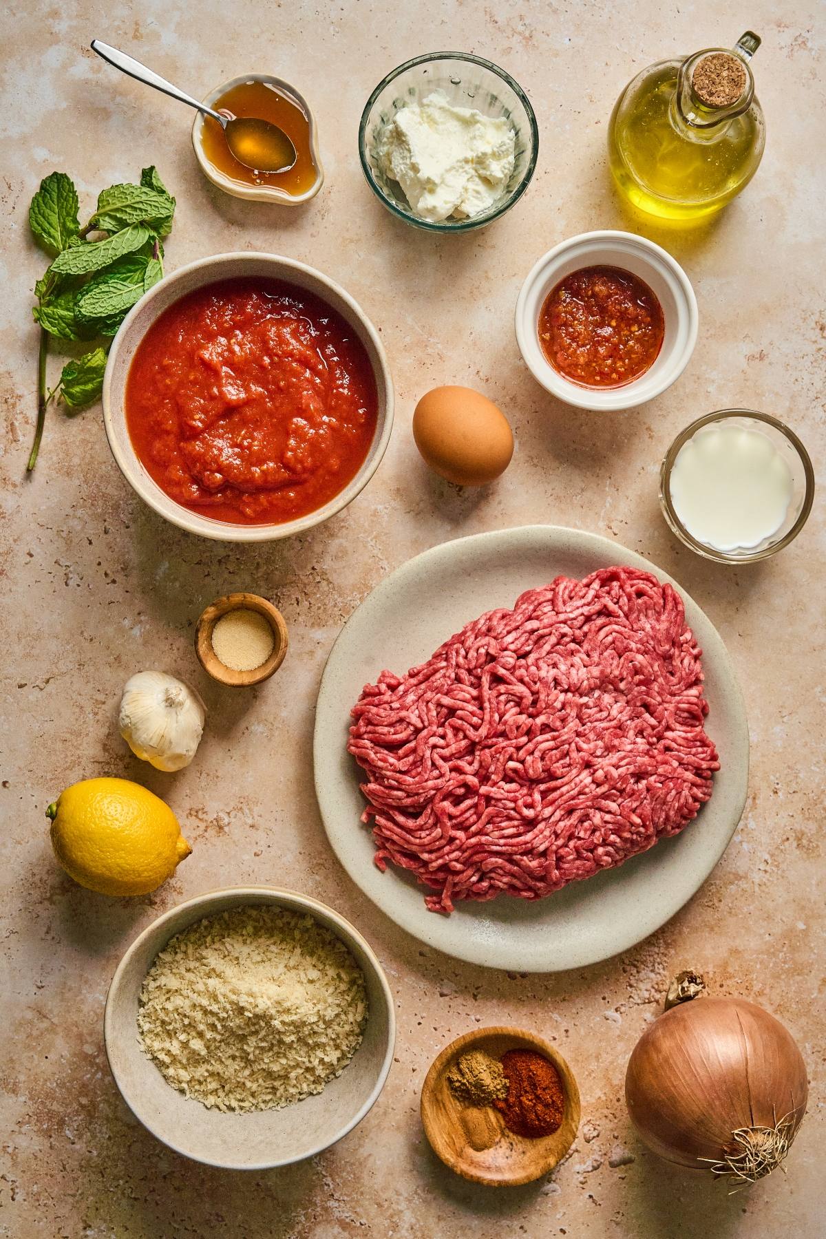Raw ground meat, spices, egg, tomato sauce, breadcrumbs, herbs, and other ingredients on a table.