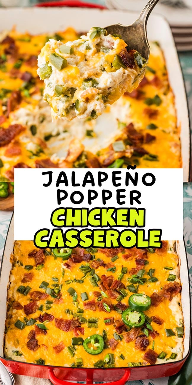 A cheesy jalapeño popper casserole chicken dish, topped with sliced jalapeños, crispy bacon, and fresh green onions, all baked to perfection in a bubbling baking dish.