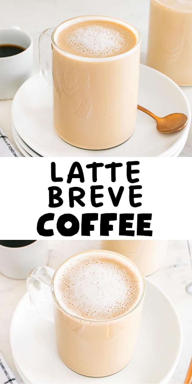 Glass mugs of creamy latte breve coffee on white plates, one with a spoon, with text: "Latte Breve Coffee." Savor the rich flavor and velvety texture of this classic latte breve.