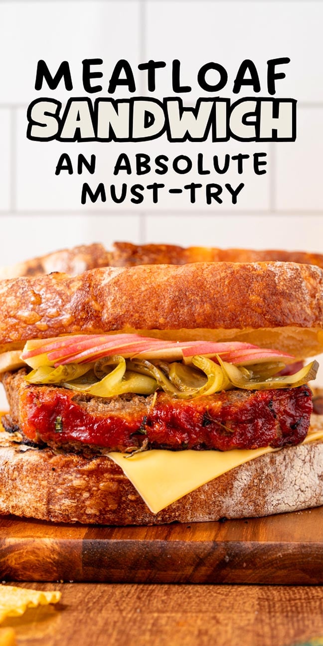 Meatloaf sandwich with melted cheese, onions, and pickles on toasted bread—this meatloaf sandwich is a must-try!.