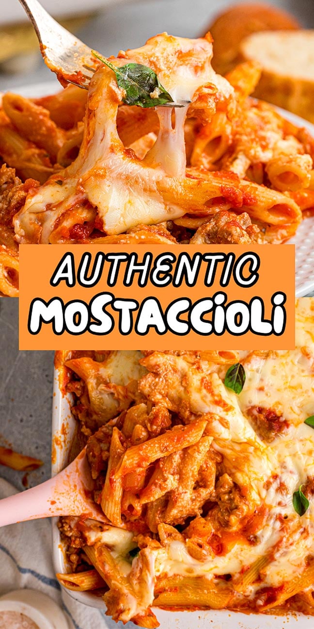 A cheesy baked mostaccioli pasta being served from a casserole dish, topped with fresh herbs for the perfect finish.