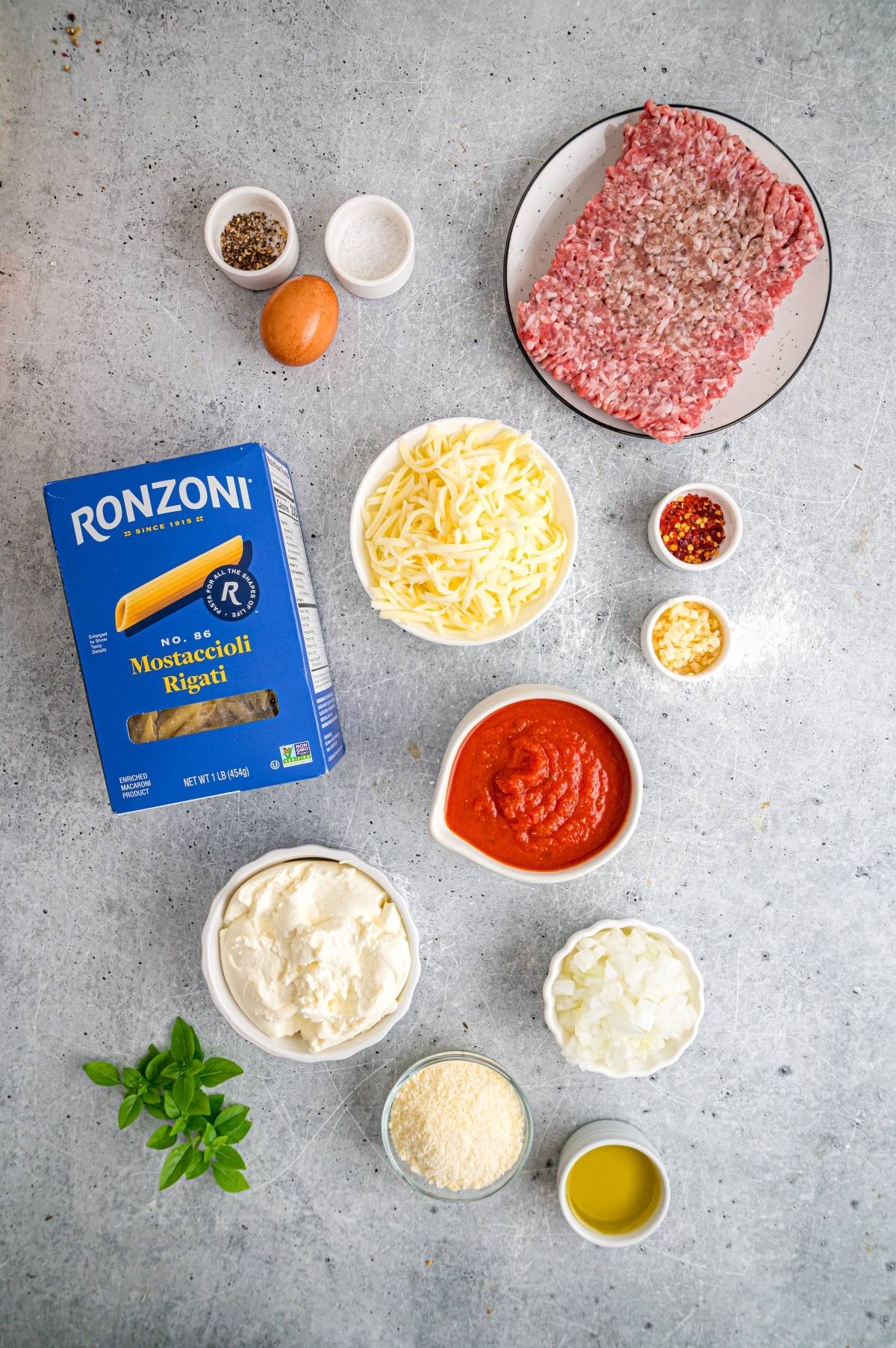 Ingredients for a pasta dish: ground meat, pasta, cheese, sauce, onion, egg, oil, herbs, and seasonings.