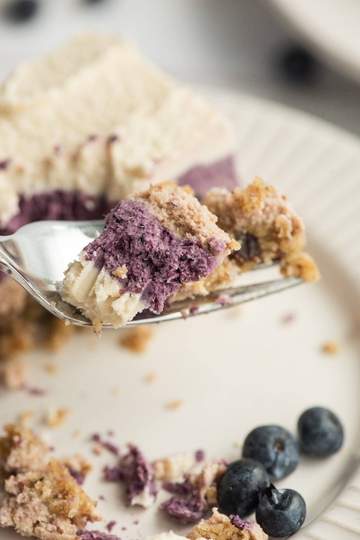 A fork holding a bite of blueberry cheesecake, a vegan layered dessert made with raw cashews, hovers above a plate with crumbs and fresh blueberries.