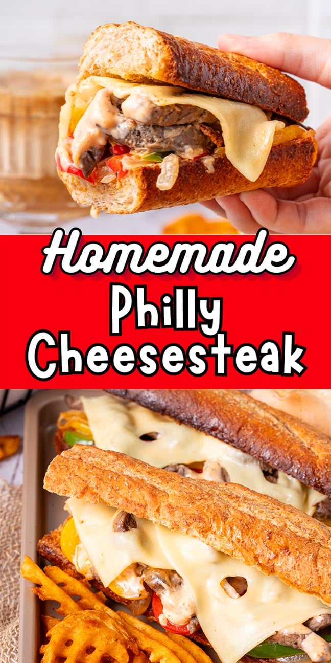 A hand holds a Philly Cheesesteak sandwich; more Philly Cheesesteaks and fries are piled on a tray below.