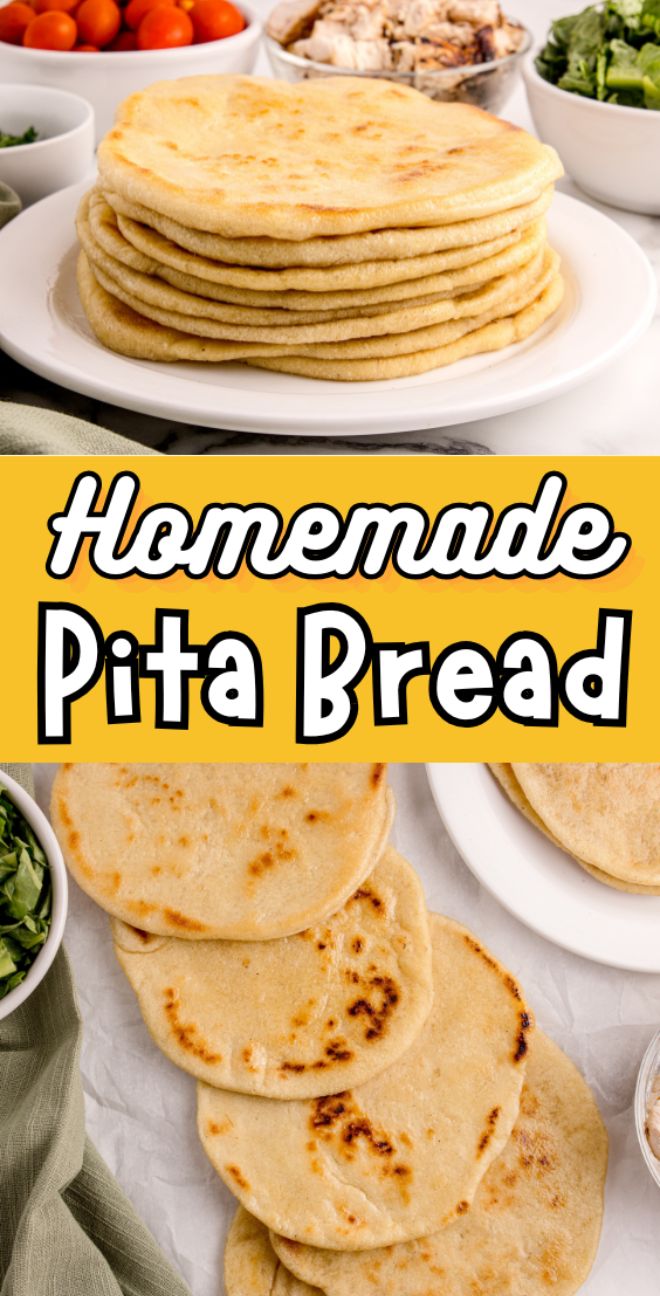 Stack of homemade pita bread on a plate, surrounded by fresh ingredients and pita bread slices on the table.