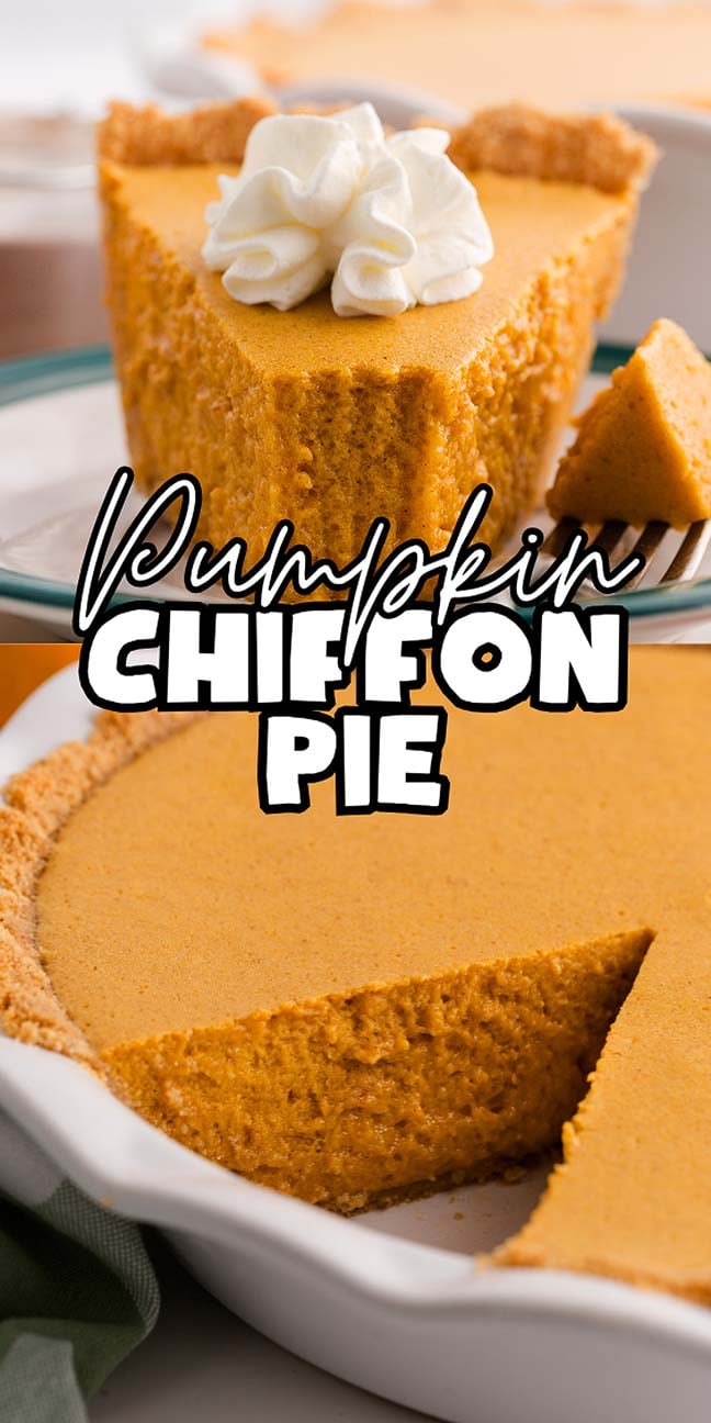 A slice of pumpkin chiffon pie topped with whipped cream sits prominently, while the full pumpkin chiffon pie with a missing slice is displayed in the foreground.