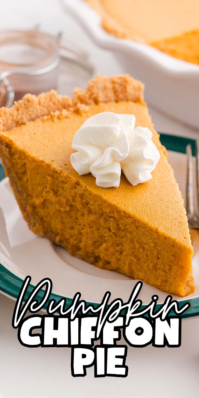 A slice of pumpkin chiffon pie with whipped cream on top, served on a white plate, showcases the light and airy texture that makes pumpkin chiffon pie a seasonal favorite.