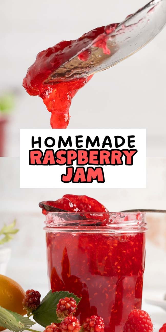 A spoonful of rich raspberry jam hovers above a jar, surrounded by fresh raspberries and green leaves.