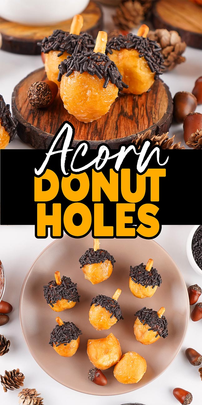 Acorn donut holes decorated with chocolate sprinkles and pretzel sticks are arranged on plates and wood, perfectly capturing a charming woodland theme.