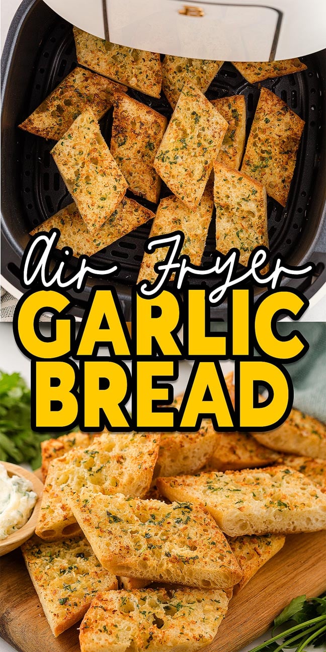 Crispy air fryer garlic bread slices served on a tray, topped with fresh herbs and visible bits of garlic.