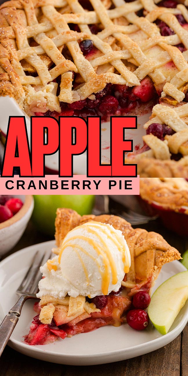 A slice of apple cranberry pie with a scoop of vanilla ice cream sits next to the whole apple cranberry pie and fresh apples.