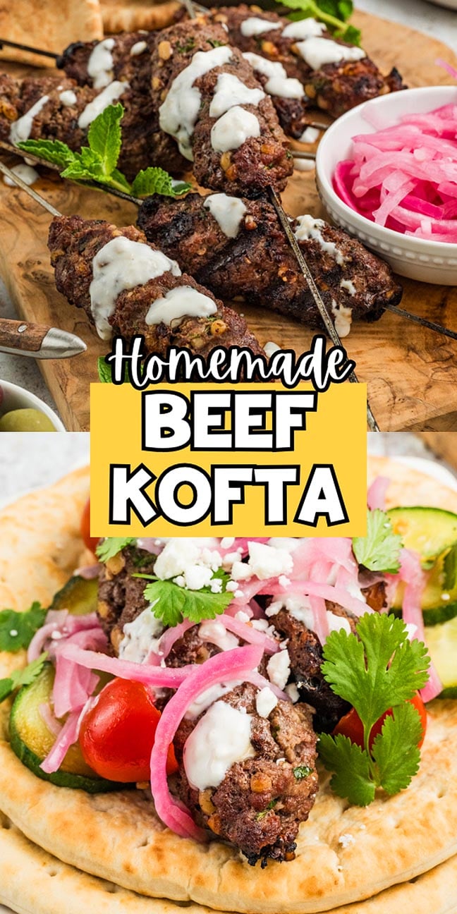 Savor flavorful beef kofta with creamy white sauce and pickled onions, beautifully presented on a wooden board atop pita with fresh vegetables.
