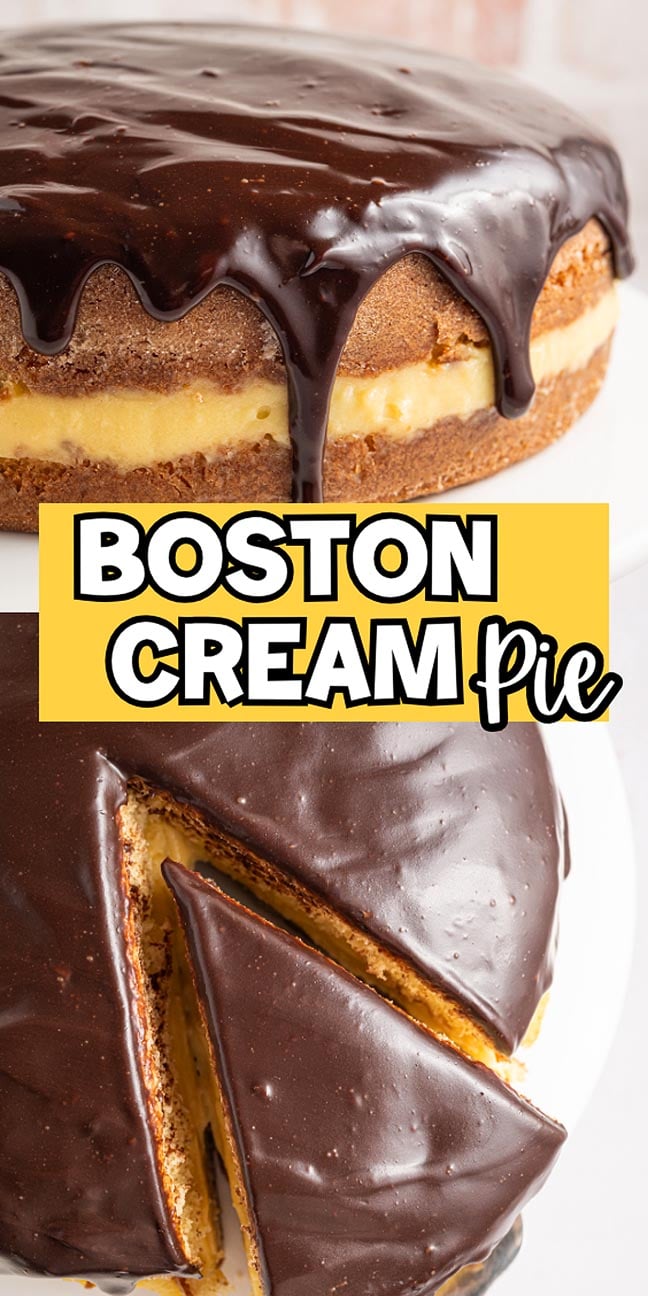 Boston cream pie with rich chocolate glaze and creamy yellow filling, shown from two angles with a slice cut out to reveal the classic layers of Boston cream pie.
