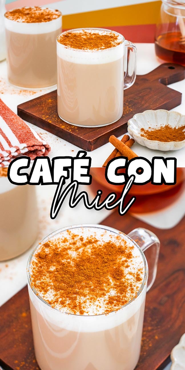 Two glass mugs of café con miel topped with cinnamon sit on wooden boards, surrounded by cinnamon sticks and honey for a cozy presentation.