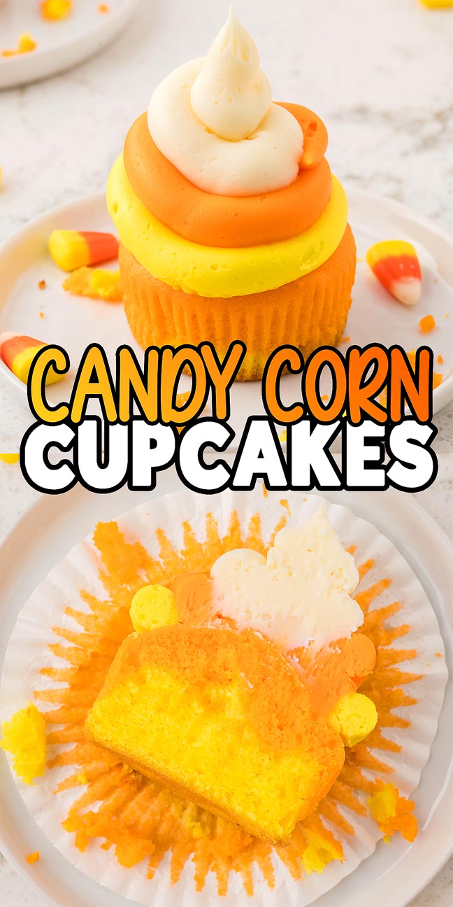 A candy corn cupcakes-themed treat, shown whole and sliced open, featuring tri-color frosting and playful candy corn decorations.