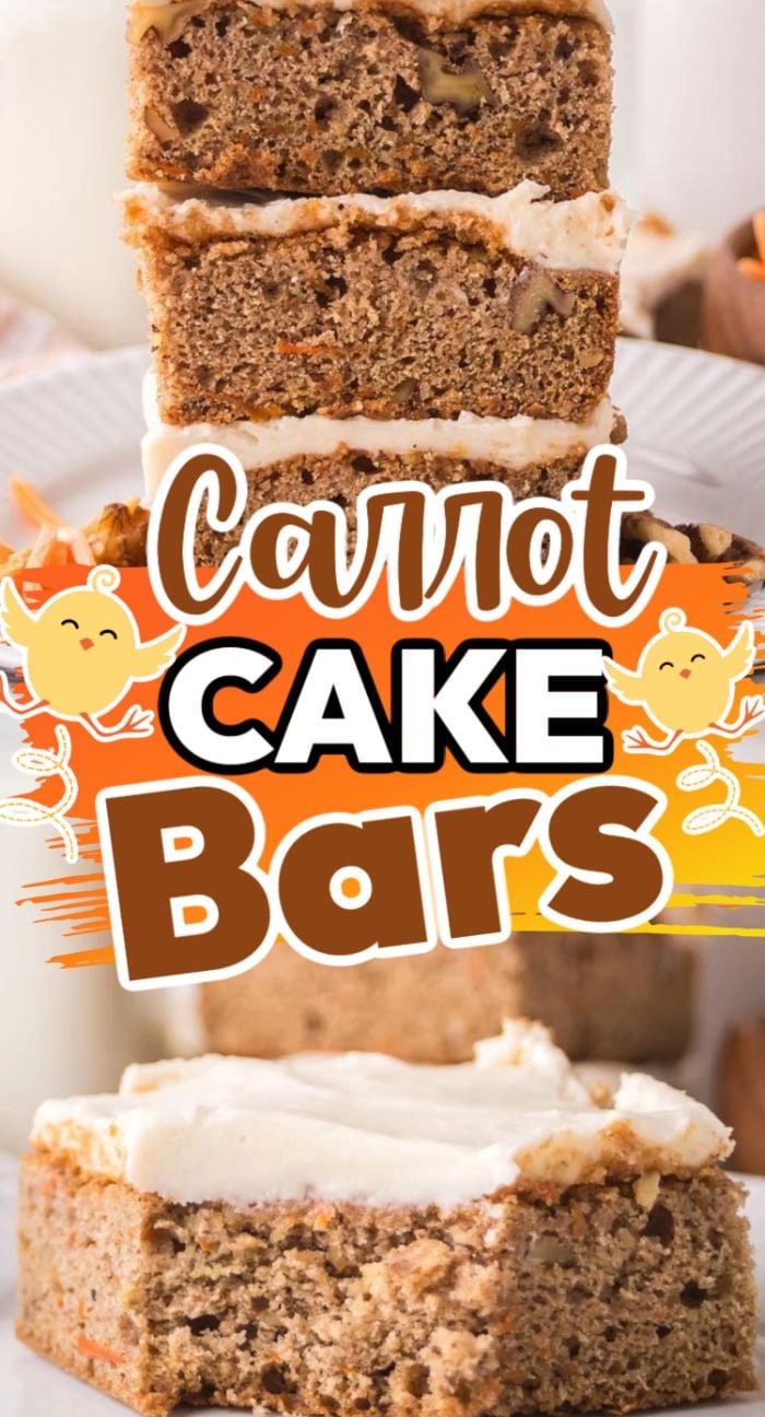 Three carrot cake bars with creamy frosting stacked on a plate, with a text overlay that reads "Carrot Cake Bars.