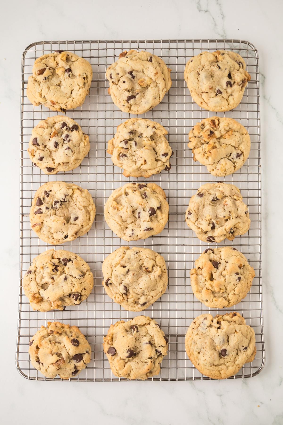 Fifteen chocolate chip cookies cooling on a wire rack over a white marble surface.