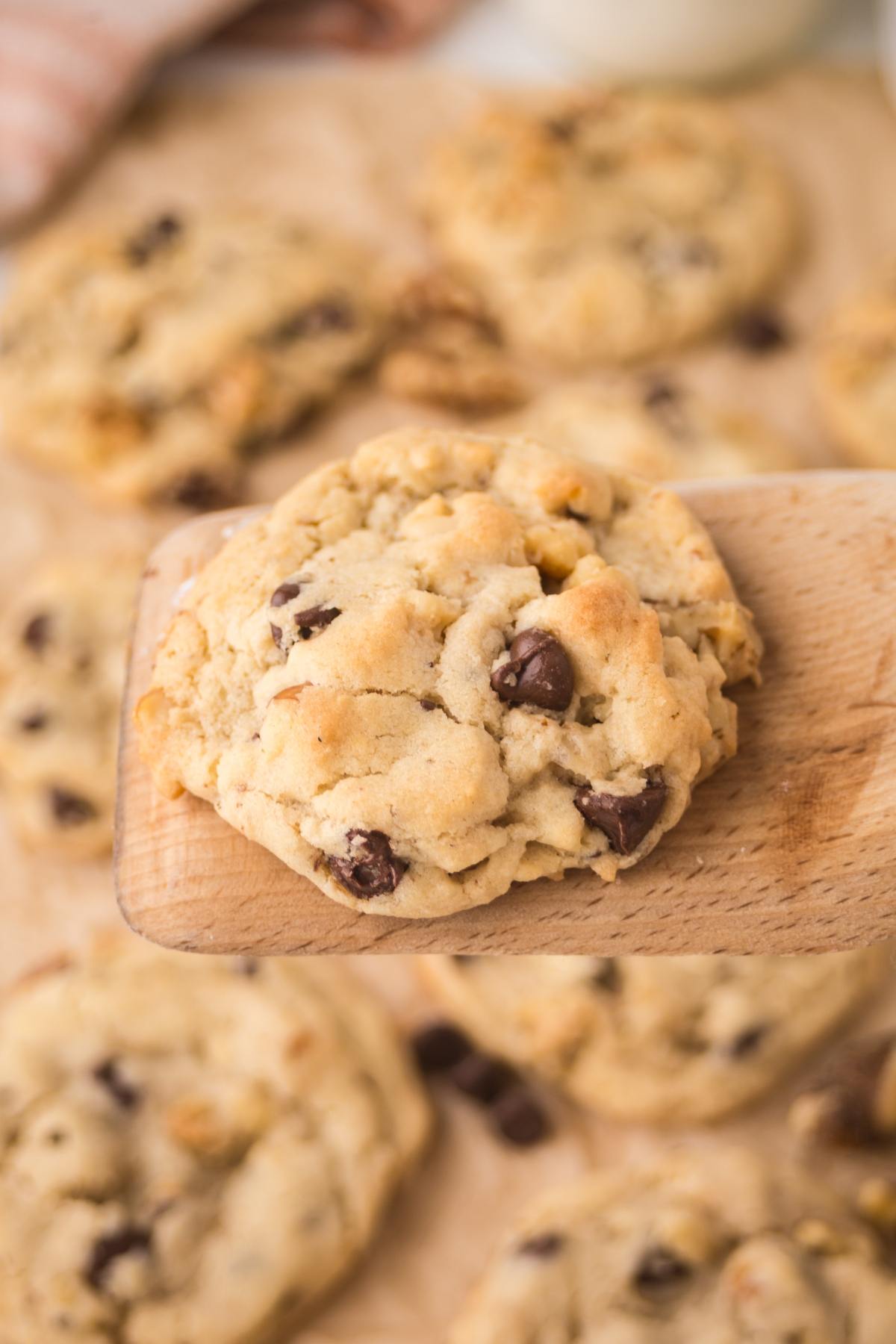 A wooden spatula holds a chocolate chip cookie above a tray of more cookies on parchment paper.