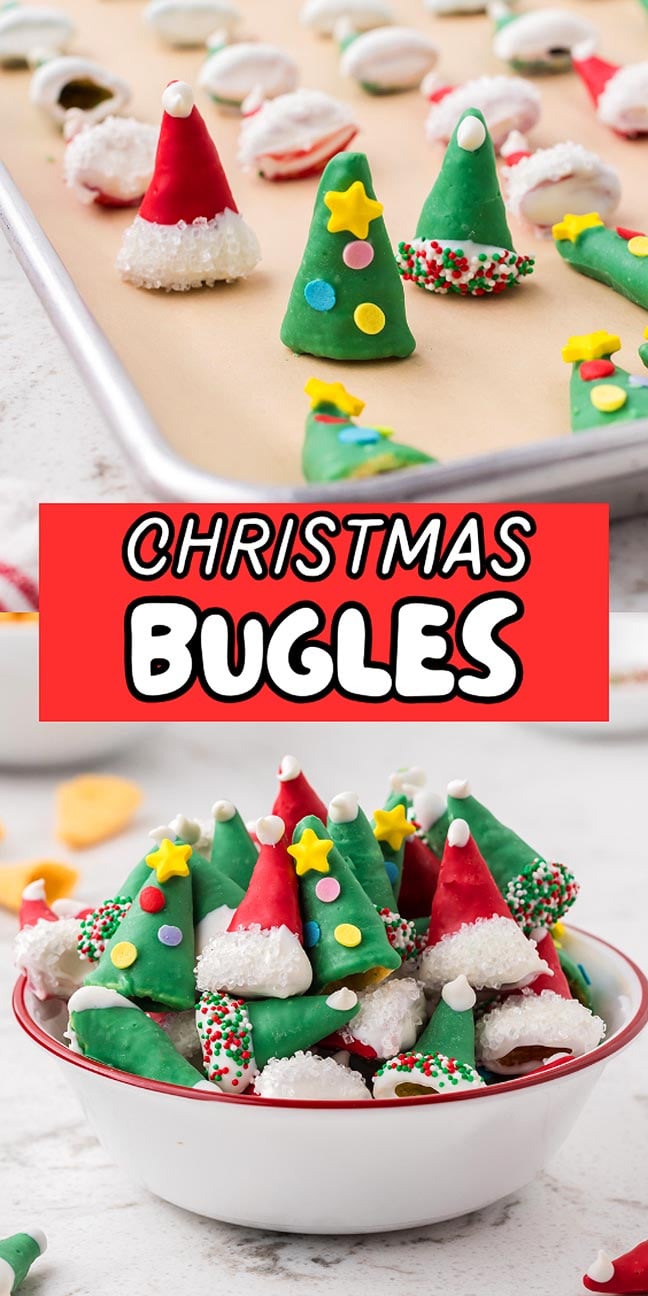 Festive Christmas Bugles decorated as Santa hats and trees, arranged on parchment and in a white bowl, add a colorful touch to your holiday treats.
